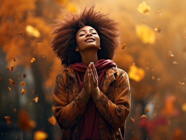 Foto einer emotionalen dynamischen Pose afrikanischer Frau im Herbst