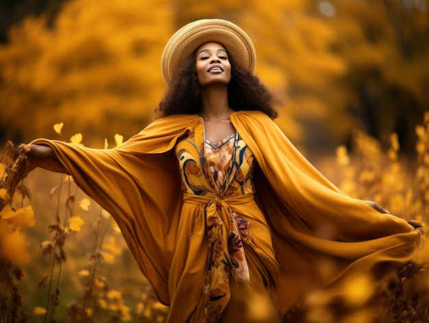 Foto einer emotionalen dynamischen Pose afrikanischer Frau im Herbst