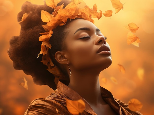Foto einer emotionalen dynamischen Pose afrikanischer Frau im Herbst