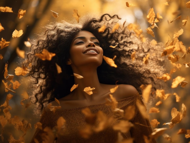 Foto einer emotionalen dynamischen Pose brasilianischer Frau im Herbst