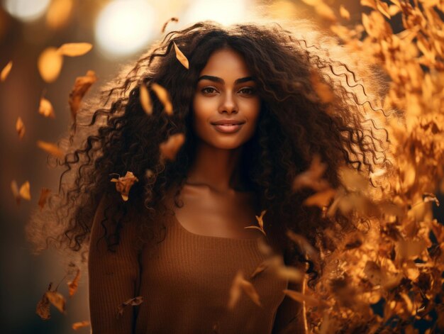 Foto einer emotionalen dynamischen Pose brasilianischer Frau im Herbst