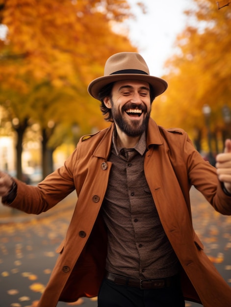 Foto einer emotionalen dynamischen Pose brasilianischer Mann im Herbst