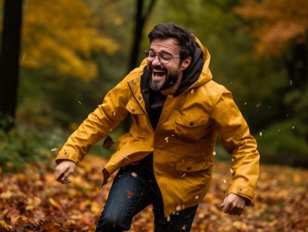 Foto einer emotionalen dynamischen Pose brasilianischer Mann im Herbst