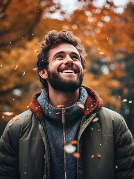 Foto einer emotionalen dynamischen Pose brasilianischer Mann im Herbst