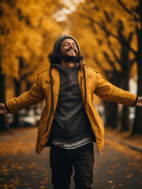 Foto einer emotionalen dynamischen Pose brasilianischer Mann im Herbst