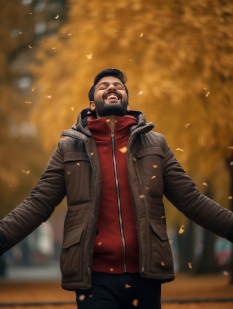Foto einer emotionalen dynamischen Pose indischer Mann auf Herbst-Hintergrund