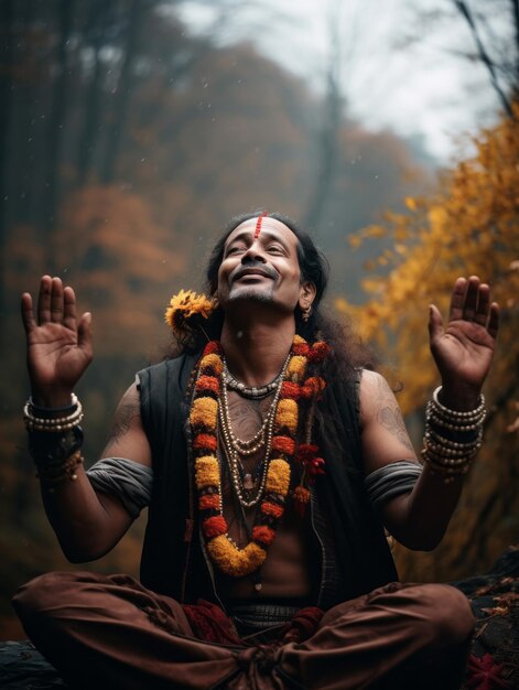 Foto einer emotionalen dynamischen Pose indischer Mann auf Herbst-Hintergrund