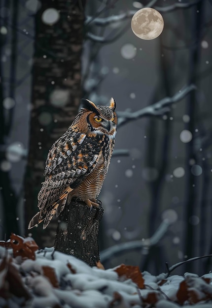 Foto einer Eule, die nachts oder abends auf einem mit Schnee bedeckten Zweig im Schnee sitzt