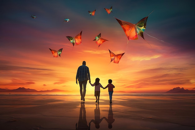 Foto einer Familie, die bei Sonnenuntergang bunte Drachen fliegt