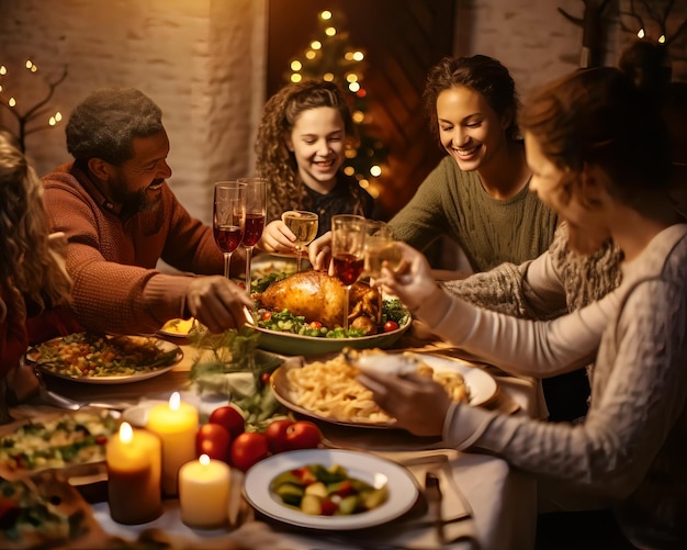 Foto foto einer familie, die sich am heiligabend zum familienessen versammelt hat