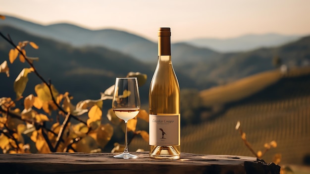 Foto einer Flasche Wein mit Blick auf die Weinberge