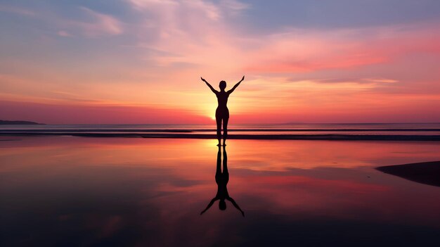 Foto einer Frau, die bei Sonnenaufgang auf einem Strand Yoga übt