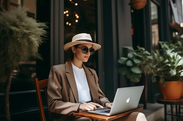 Foto einer Frau, die eine Kaffeepause mit einem Laptop genießt