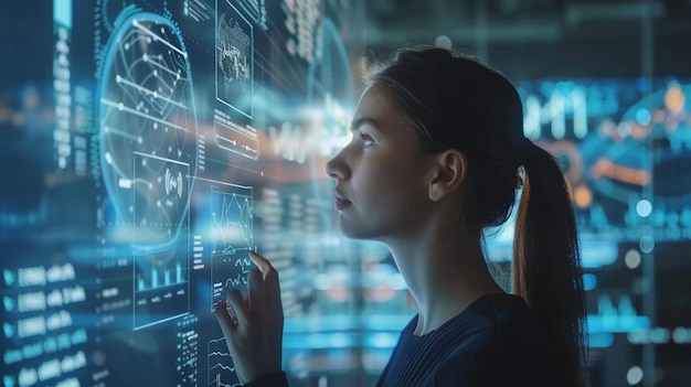 Foto einer Frau, die sich eine holographische digitale Anzeige anseht, eine futuristische technologische Innovation