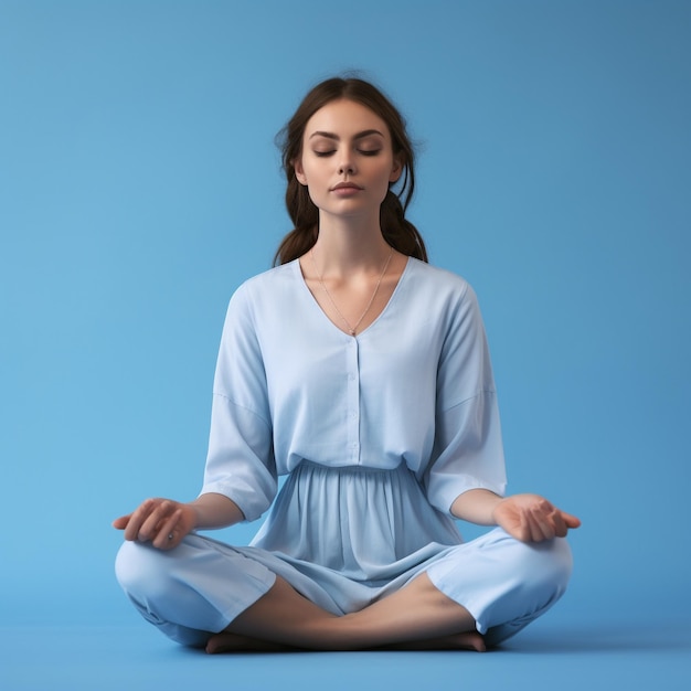Foto einer Frau, die vor einer blauen Wand Yoga und Meditation macht