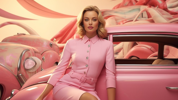 Foto einer Frau, die wie Margot Robbie aussieht, die sich gegen ein großes rosa Barbie-Auto lehnt