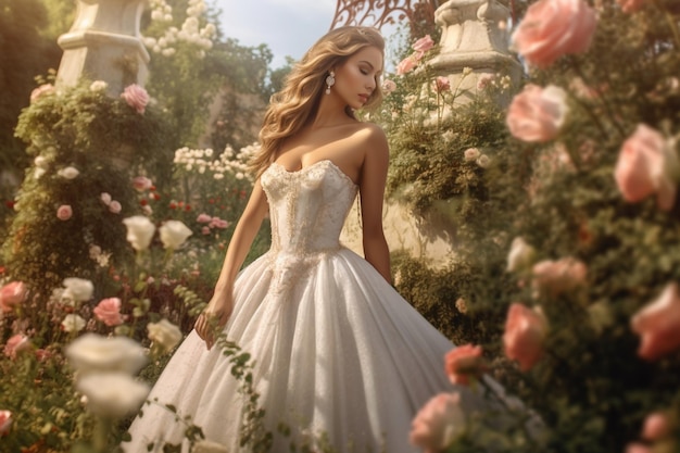 Foto einer Frau im Hochzeitskleid mit Blumen