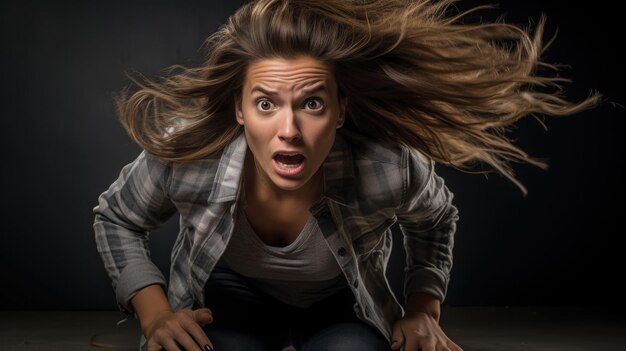 Foto einer Frau in einem Studio, wie sie stolpert, ihr Gesicht eine Mischung aus Überraschung und Konzentration vor einem grundlegenden Hintergrund