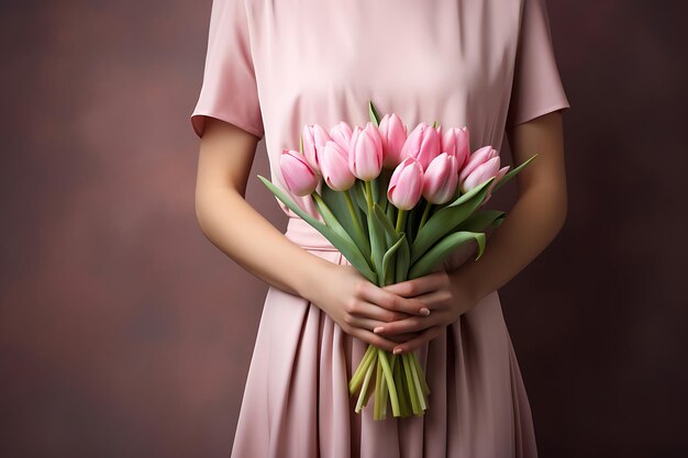 Foto einer Frau mit einem Blumenstrauß Tulpen