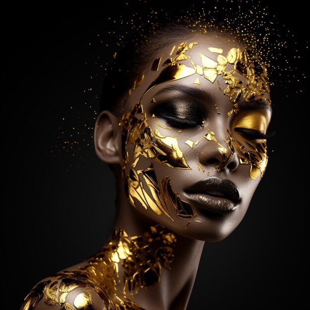 Foto einer Frau mit einem goldenen Gesicht und goldenem Make-up ein goldener Glanz auf ihrem Gesicht