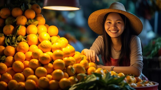 Foto einer freudigen Verkäuferin, die in einem Gemüsegeschäft arbeitet