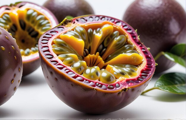 Foto einer frischen Passionsfrucht, isoliert auf Papierhintergrund