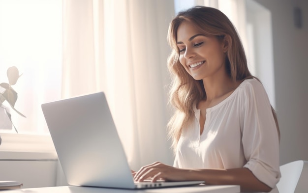 Foto einer fröhlichen netten Frau, die einen Laptop benutzt. Eine schöne Geschäftsfrau, die auf einem Laptop tastet.