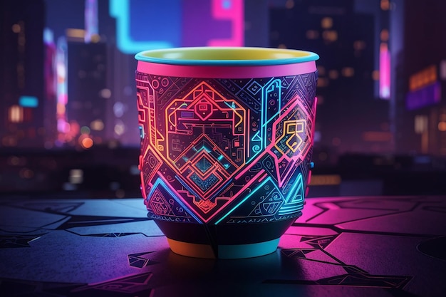 Foto einer futuristischen Cyberpunk-Neon-Tasse