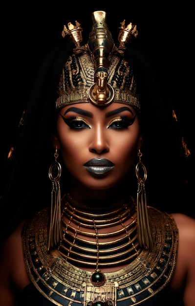 Foto einer Ganzkörperkönigin von Ägypten, die alle Kostüme ihrer Kultur trägt und zeigt