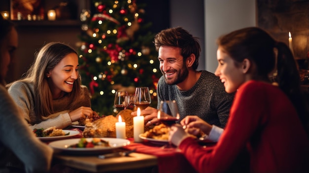 Foto einer glücklichen Familie beim Weihnachtsessen im Stil minimalistischer Hintergründe