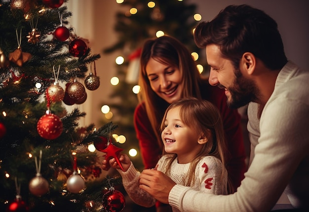 Foto einer glücklichen Familie, die gemeinsam Weihnachten zu Hause genießt und Weihnachtsdekorationen anfertigt