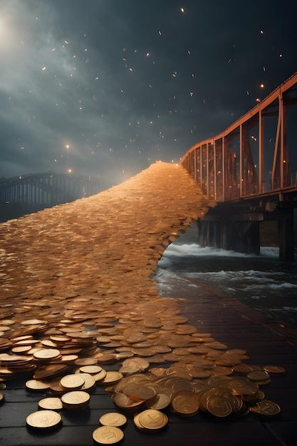 Foto einer goldenen Brücke über einem funkelnden blauen Gewässer, das mit glänzenden Goldmünzen geschmückt ist