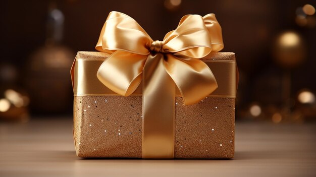 Foto einer goldenen Geschenkbox mit von KI generiertem Hintergrund