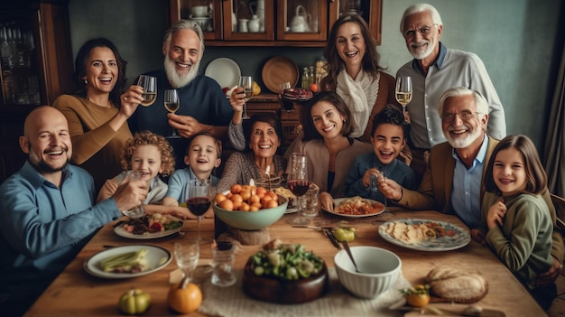 Foto einer großen Familie, die an einem Tisch mit gebratenem Truthahn sitzt und Verwandte aus mehreren Generationen mit Festmahlzeiten versorgt