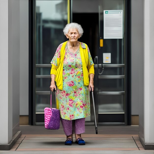 Foto einer Großmutter am Eingang eines Krankenhauses oder eines Seniorenzentrums
