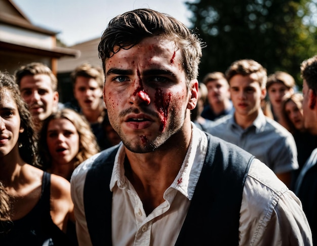 Foto einer Gruppe wütende, wütende Teenager-College-Jungen, die sich mit einer Wunde im Gesicht bekämpfen.