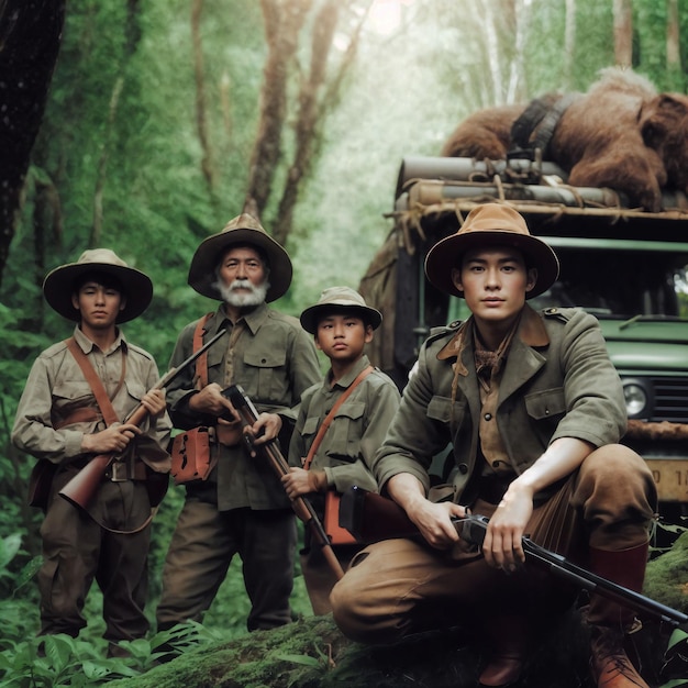 Foto foto einer gruppenjägerkarawane im tiefen dunklen wald generative ki