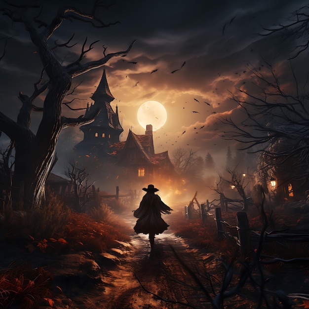Foto einer Hexe an Halloween, die auf ihrem Besen über ihr altes Horrorhaus fliegt, bei dunklem Vollmond in der Nacht