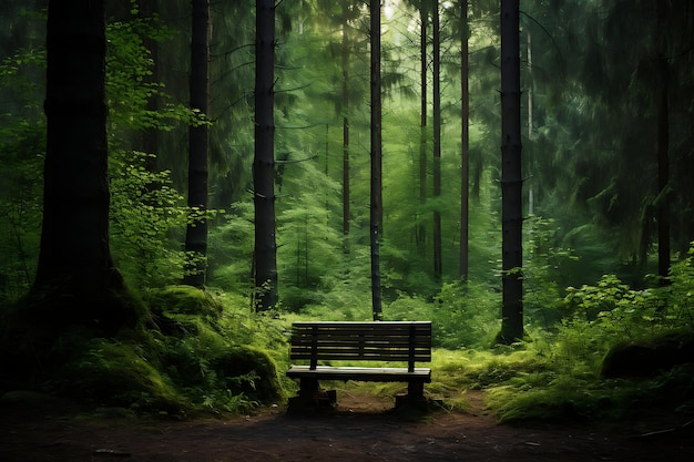 Foto einer hölzernen Bank in einer ruhigen Waldglätte