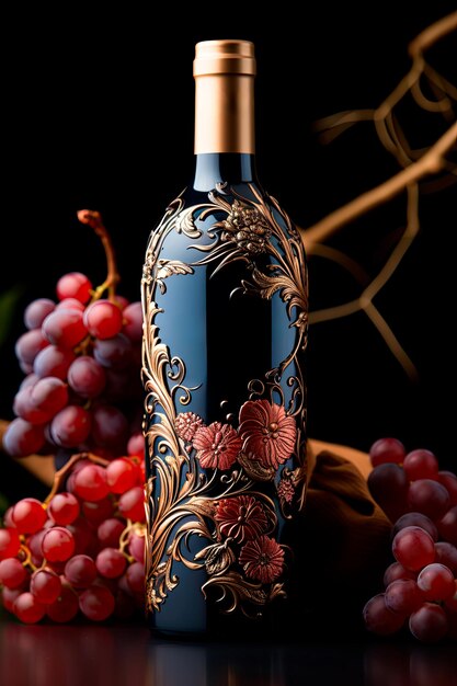 Foto einer individuell gestalteten Rotweinflasche, verziert mit aufwendiger Etikettenkunst