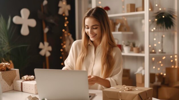 Foto einer interessanten jungen Frau, die ein Geschenk vor einem Laptop öffnet