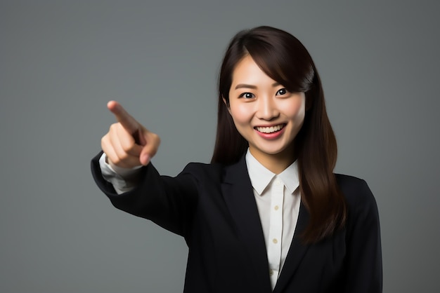 Foto einer jungen asiatischen Geschäftsfrau, die lächelt und auf den Kopierplatz zeigt