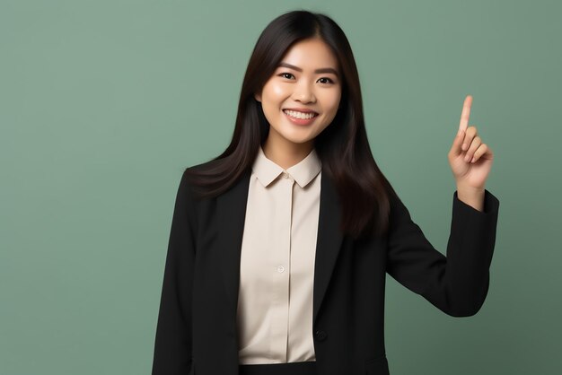 Foto einer jungen asiatischen Geschäftsfrau, die lächelt und auf den Kopierplatz zeigt