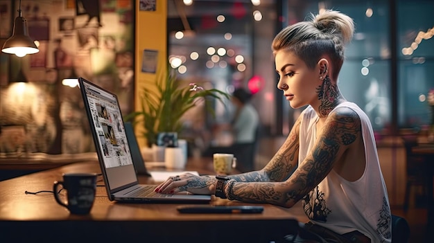 Foto einer jungen Frau, die im Café am Laptop arbeitet. Mädchen mit Tätowierung