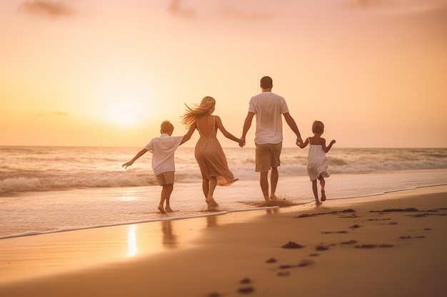 Foto einer jungen, glücklichen Familie, die den Urlaub am Strand bei Sonnenuntergang genießt, Papa, Mutter und Kinder