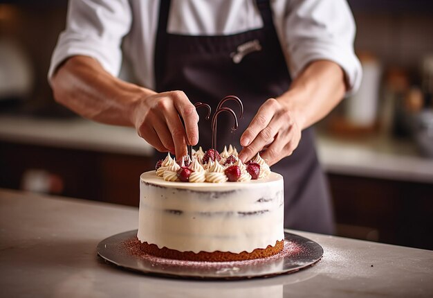 Foto einer jungen Köchin, die Schokoladenkuchen dekoriert und glasiert