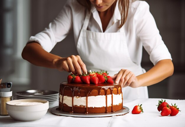 Foto einer jungen Köchin, die Schokoladenkuchen dekoriert und glasiert