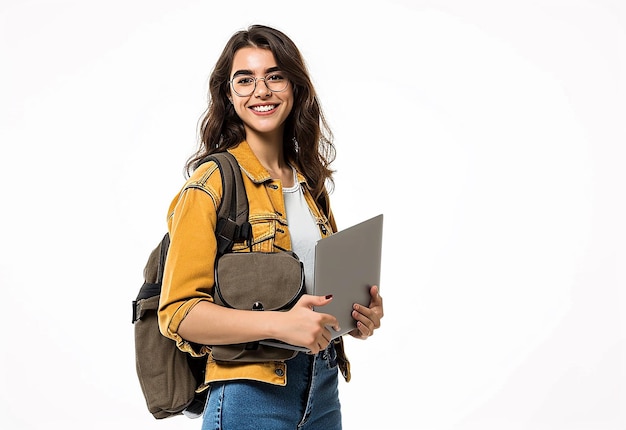 Foto einer jungen Studentin mit einem niedlichen Lächeln und einem Laptop in der Hand