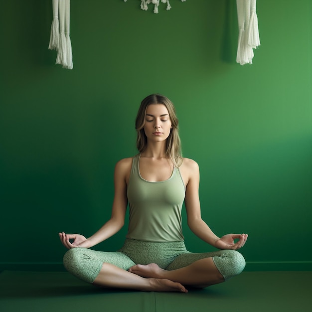 Foto einer kaukasischen Frau, die vor einer grünen Wand Yoga und Meditation macht