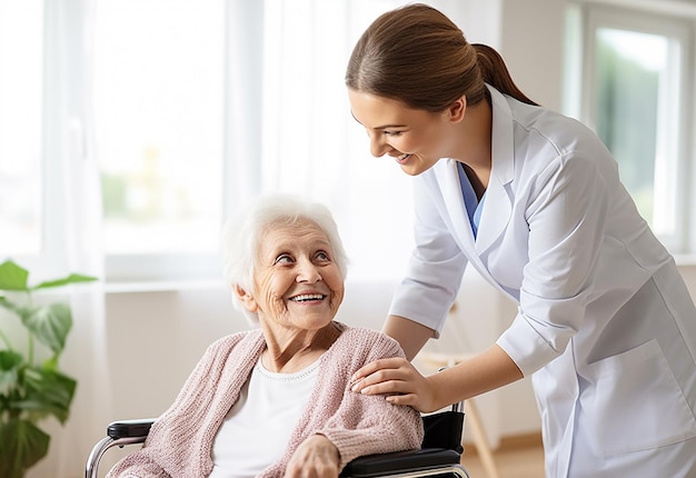 Foto einer Krankenschwester, die dem Patienten hilft, sich um den alten Patienten zu kümmern
